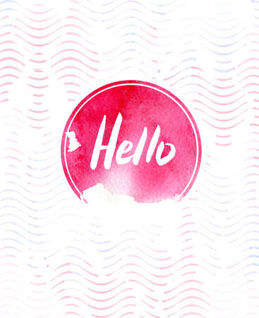 Hello watercolor card. Calligraphy lettering with frame on abstract watercolor background. Hand drawn design template. Nice greeting card or invitation template.の写真素材