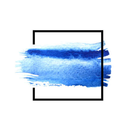Blue watercolor brush strokes with space for your own text. Wet brush stroke on paper texture. Dry brush strokes. Abstract composition for design elementsの写真素材