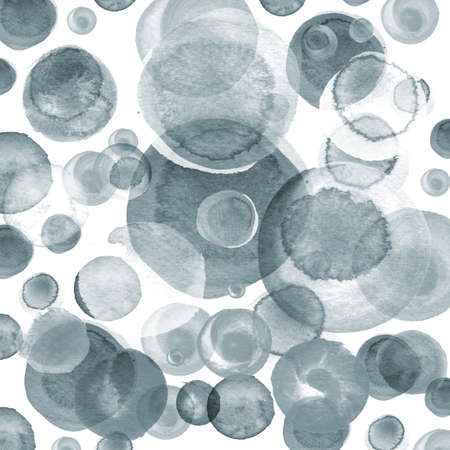 Modern background of gray and black transparent bubbles painted in watercolor. Abstract monochrome pattern with ink circles and dots. Texture for surface design, scrapbooking, wrapping paperの写真素材