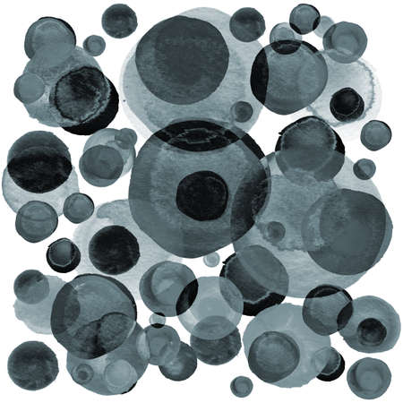Modern background of gray and black transparent bubbles painted in watercolor. Abstract monochrome pattern with ink circles and dots. Texture for surface design, scrapbooking, wrapping paperの写真素材