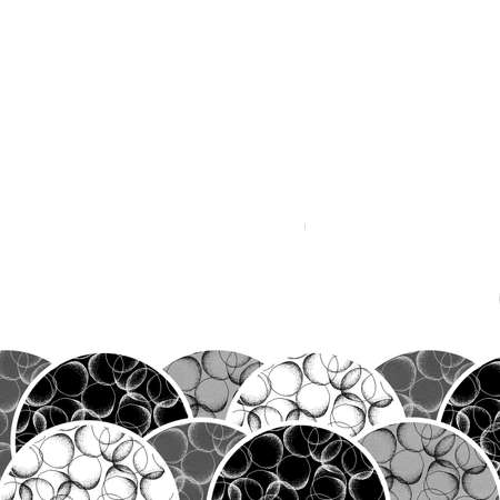 Brush or chalk drawn circles with dots pattern. Black and white geometrical background with splash texture. Hand drawn monochrome abstract pattern.の写真素材