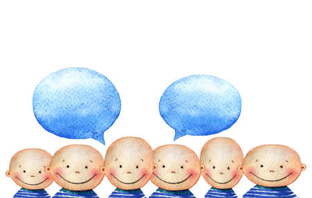 Crowd of cute smiling boys in blue striped T-shirts with bubbles for your text. Watercolor background with a crowd of smiling people faces for your design.の写真素材