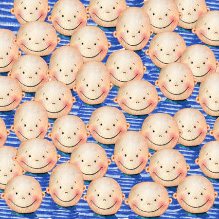 Crowd of cute smiling boys in blue striped T-shirt. Watercolor background with a crowd of smiling people faces for your design. Hand drawn background with cute happy faces of children.の写真素材