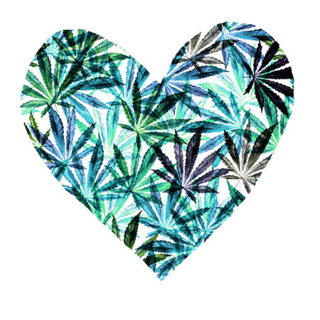 Heart of Bright blue cannabis sativa leaves painted in watercolor. Realistic scientific illustration of plant. Hand drawn marijuana illustration isolated on white background. Design elementの写真素材