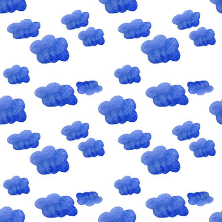 Blue watercolor clouds background. Hand painted watercolor clouds isolated on white. Blue sky cloud. Watercolor drawing.の写真素材