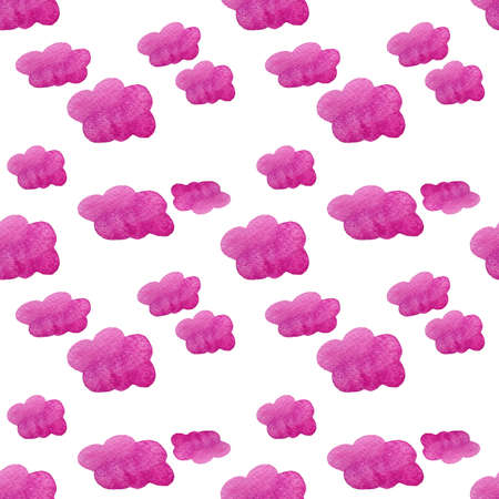 Pink watercolor clouds background. Hand painted watercolor clouds isolated on white. Pink sky cloud. Watercolor drawing.の写真素材