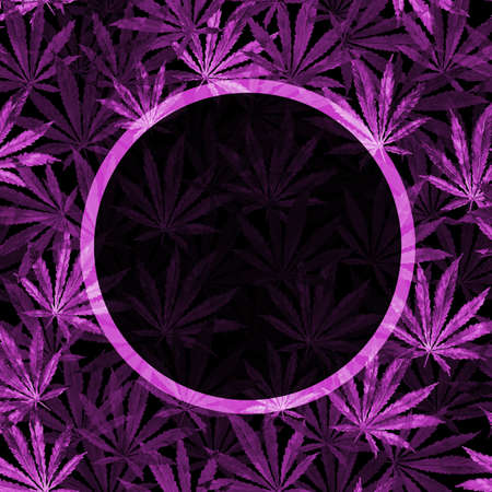 Purple Cannabis leaves on black background. Hand drawn watercolor illustration of the plant Cannabis Sativa or Marijuana. Pattern with marijuana leaf for label, poster, web.の写真素材