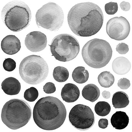 Set of colorful watercolor hand painted circle isolated on white. Watercolor Illustration for artistic design. Round stains, blobs of greyの写真素材