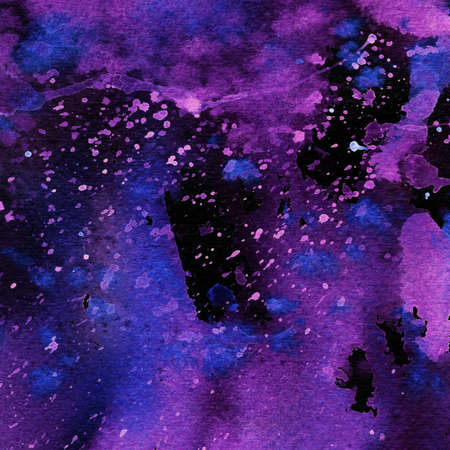 Hand drawn watercolor background. Abstract modern texture with watercolour splash. Art watercolor background on paper texture in light violet, lilac, blue colorsの写真素材