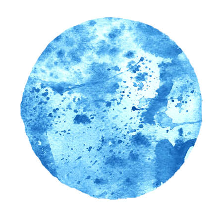 Watercolor abstract blue circle isolated on white background. Modern spot of round shape painted in watercolor in shades of cobalt and azure colors. Trendy watercolour textureの写真素材