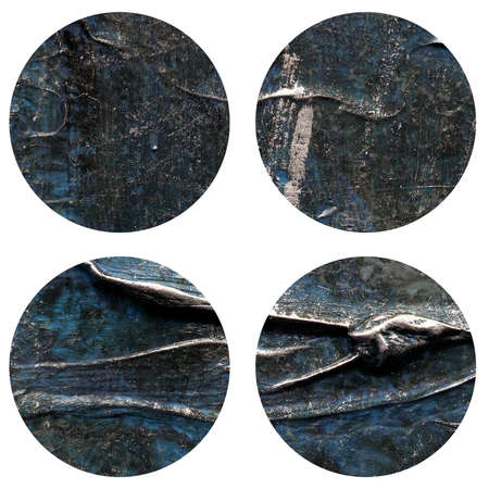 Abstract hand painted acrylic circle texture in silver, dark gray colors. Round design element isolated on white background. Detail or closeup brush stroke pattern.の写真素材