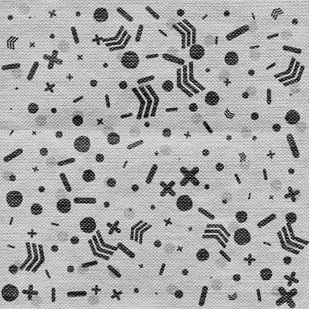 Abstract geometric pattern in retro memphis style on linen fabric texture. Background in trendy...