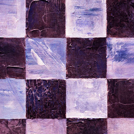 Abstract checkered pattern painted with acrylic or oil paints on canvas in brown, dark purple and blue colors. Chessboard with a vintage texture for playing chess.の写真素材