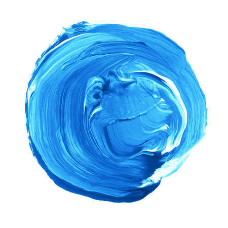 Acrylic circle isolated on white background. Bright blue round watercolor shape for text. Dynamic Brush Stroke. Abstract hand painted acrylic background. Element for different designの写真素材