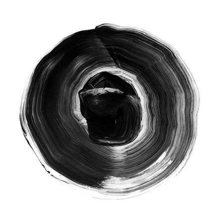 Black, neutral gray textured acrylic circle. Watercolour stain with uneven edges isolated on white background. Design element. Watercolor retro geometric round shapeの写真素材