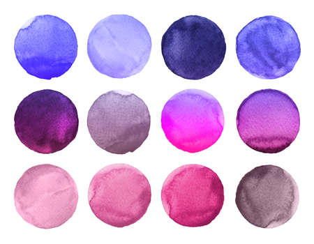 Set of colorful watercolor circles isolated on white. Watercolor Illustration for artistic design. Round shapes, stainsの写真素材