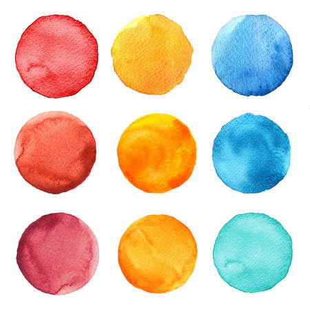 Set of colorful watercolor circles isolated on white. Watercolor round shapesの写真素材