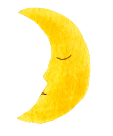 Cute sleeping cartoon moon. Hand drawn watercolor illustration cartoon moon isolated on white. Children illustration. Watercolor painted illustration. Isolated icon moon on white backgroundの写真素材