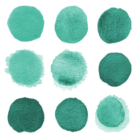 Watercolor blue, mint, green circles isolated on white background. Blue mint round watercolor shapes for text. Element for different design. Abstract hand painted monochrome background.の写真素材