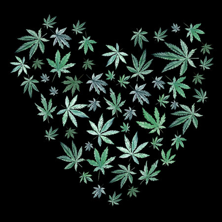Green cannabis heart on black background, green leaves Hand drawn watercolor illustration, medicine herb plantの写真素材