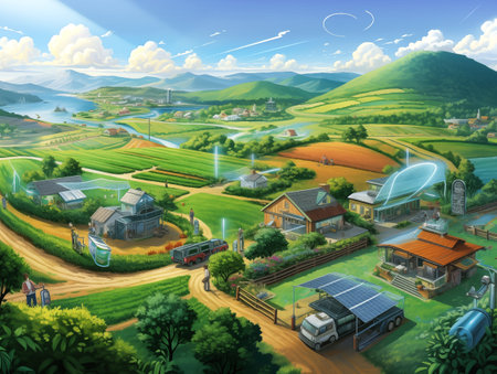 his image captures the essence of a progressive rural environment, where the coexistence of nature and cutting-edge technology creates a sustainable and efficient way of life.の素材