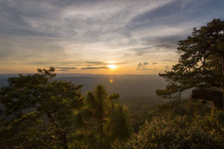 The small trees and a landscape of mountain ridges, sunset sky, and clouds.  Location place Phu Kra Dung National park of Thailandの写真素材