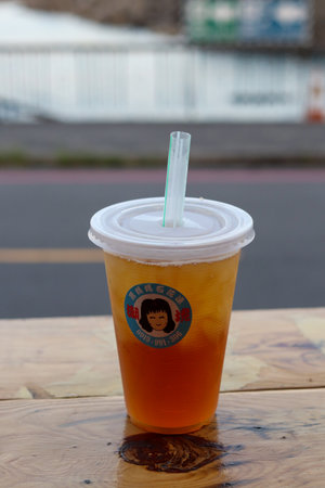 New Taipei City-Taiwan-07 08 2022:A typical drink in keelung ,lemon seaweed jelly ,gelidium jellyのeditorial素材