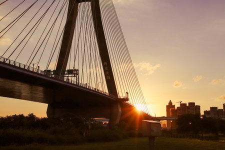 New Taipei City - Taiwan -09 24 2023:Asia's longest symmetrical single-tower cable-stayed bridge - New Taipei Bridge.の写真素材