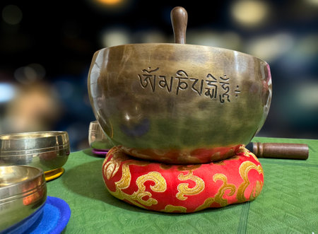 A full moon chant bowl crafted on the night of the fifteenth lunar month, adorned with Sanskrit...