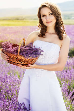 Beautiful bride posing at field of lavenderの写真素材