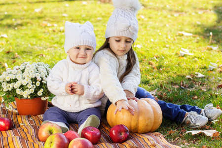 Baby boy with sister in autumn parkの写真素材