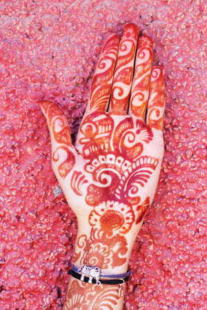 Mehendi art or Heena Tattoo on the hand, Indiaの写真素材
