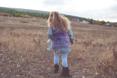 Back view of child girl is walking in autumn yellow fieldの写真素材
