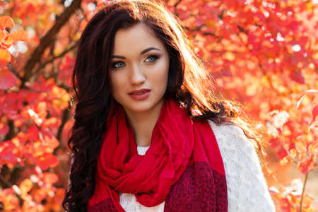 Portrait of beautiful pretty smiling girl with fashion makeup and flawness skin is wearing white warm sweater and red scarf in autumn colorful parkの写真素材