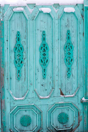 Closeup picture of old blue wooden fenceの写真素材