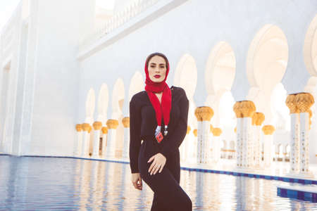 Fashion woman in grand mosque in Abu Dhabiの写真素材