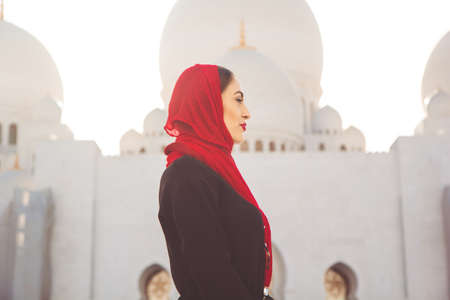 Fashion woman in grand mosque in Abu Dhabiの写真素材