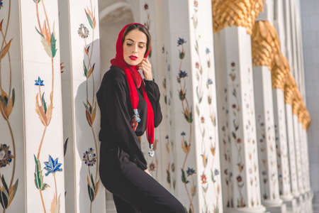 Fashion woman in grand mosque in Abu Dhabiの写真素材