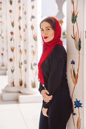 Fashion woman in grand mosque in Abu Dhabiの写真素材