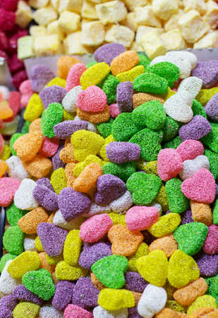 Backgrounf from turkish sweets heart shape in Grand Bazaar colorful delight Lokumsの写真素材