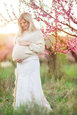 Pregnant pretty woman in spring blossom gardenの写真素材