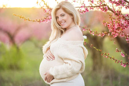 Pregnant pretty woman in spring blossom gardenの写真素材