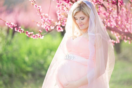 Pregnant happy bride girl in blossom peach gardenの写真素材