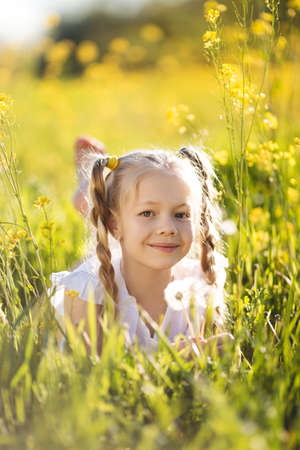 Little blonde girl with dandelion flowerの写真素材