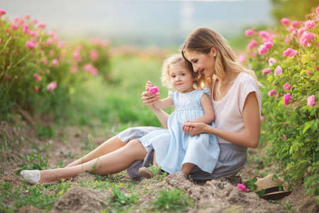 Beautiful child girl with young mother are wearing casual clothes sitting in roses gardenの写真素材
