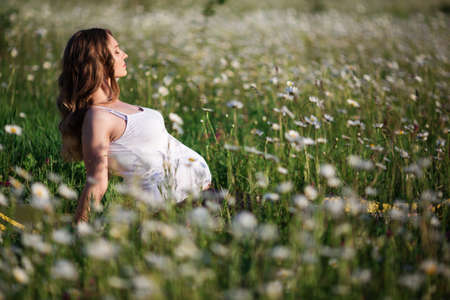 Beautiful pregnant woman doing yoga in the camomile fieldの写真素材
