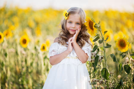 Beautiful child girl in yellow garden of sunflowers, summer timeの写真素材