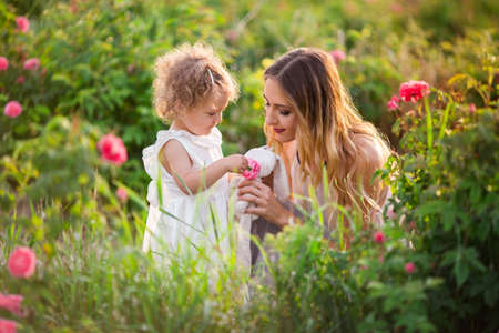 Beautiful couple child girl with pretty young mother are walking in spring garden with pink blossom roses flowersの写真素材