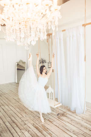 Young pretty slim ballerina girl is dancing near swing in studioの写真素材