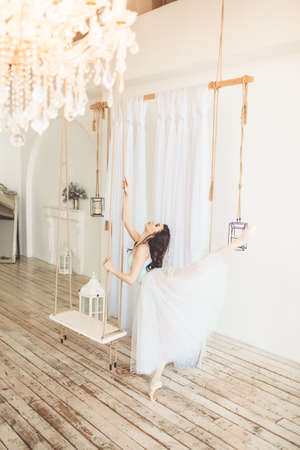 Young pretty slim ballerina girl is dancing near swing in studioの写真素材